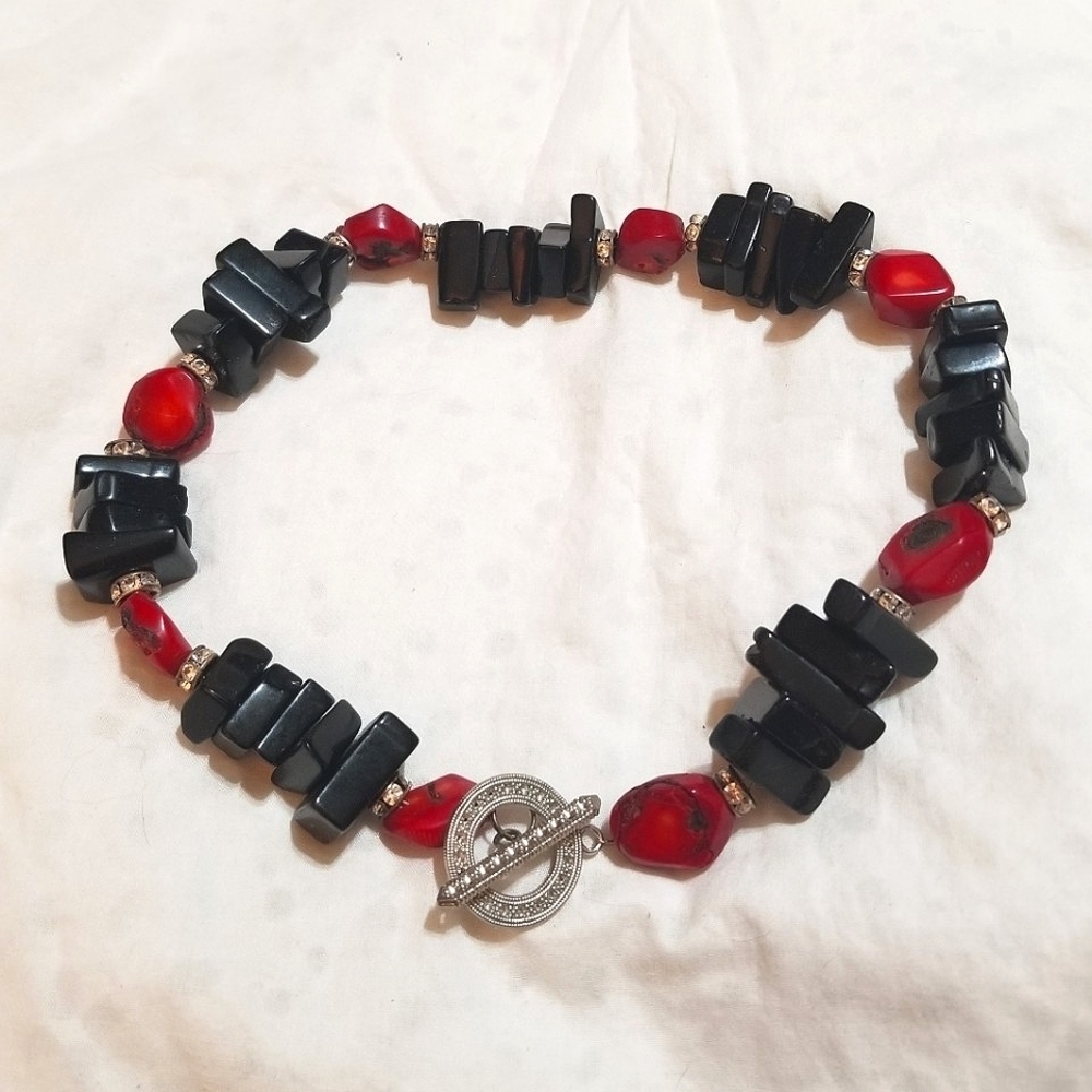 Necklace CHUNKY RED Coral Black Onyx Hand Crafted